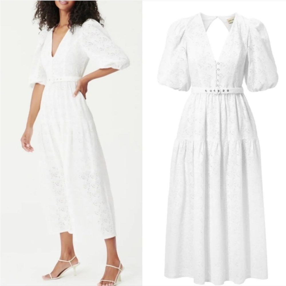 NEW Nicholas x Revolve Celie Featherington Eyelet Belted Dress White Size 10